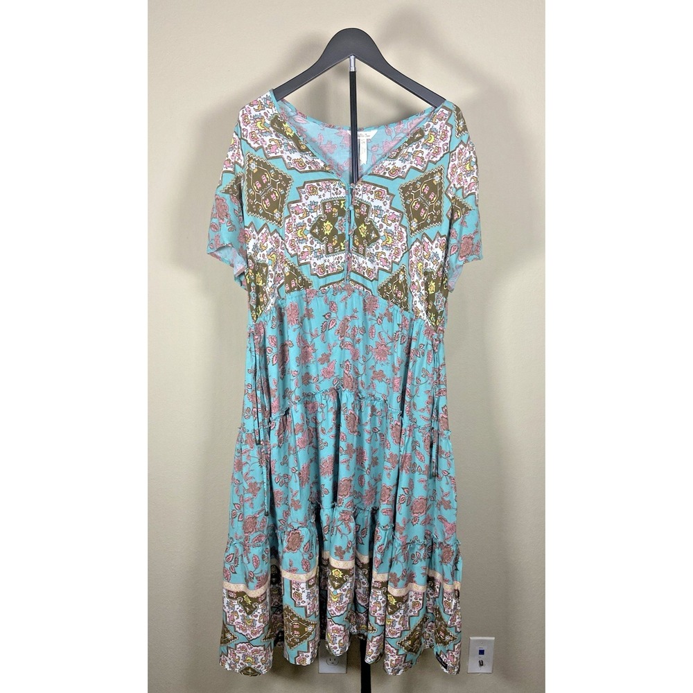 Matilda Jane Maxi Dress Womens L Aqua Pink Floral Tiered Boho Festival Casual